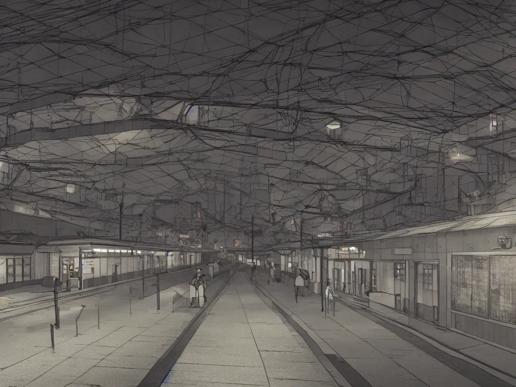 Prompt: kisaragi train station photorealistic at night abandon liminal space