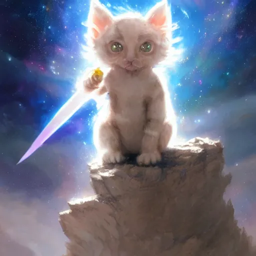 Image similar to a single cartoonish kitten dressed as Gandalf floating in space, bright stars, anime, a fantasy digital painting by Greg Rutkowski and James Gurney, trending on Artstation, highly detailed