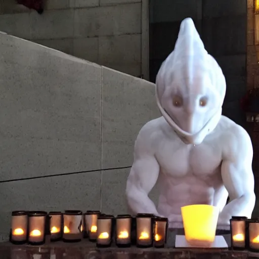 Image similar to a white marble statue of the reddit alien mascot surrounded by lit candles