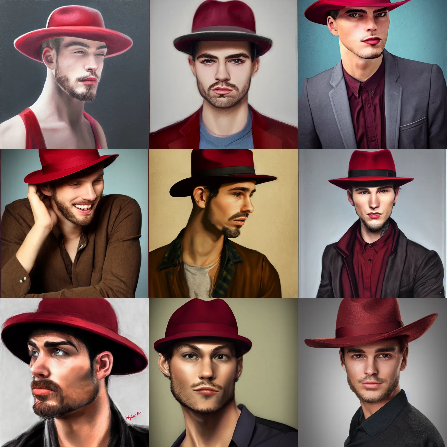 Prompt: hyperrealistic portrait young man ethan hawk strong jawline dark red fedora hat smirk