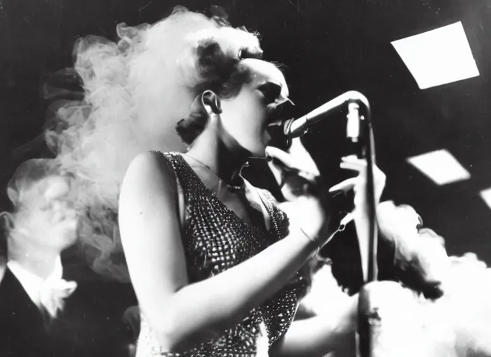 Image similar to a close up photograph of a singer on stage, with her back behind her, 1 9 3 0 s jazz club, smoke - filled room