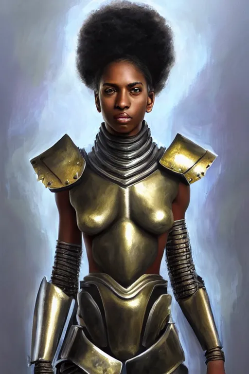 Image similar to a photorealistically painted portrait of an attractive young black girl, partially clothed in metal-plated battle armor, with an abstractly painted background, flawless olive skin, fair complexion, long dark hair, beautiful bone structure, perfectly symmetric facial features, perfect photorealistic eyes, natural physique, intricate, elegant, digital painting, concept art, finely detailed, beautifully illustrated, sharp focus, minimal artifacts, volumetric lighting, from DOOM and Halo, by Ruan Jia and Mandy Jurgens and Artgerm and William-Adolphe Bouguerea, in the style of Greg Rutkowski, trending on Artstation, award winning art