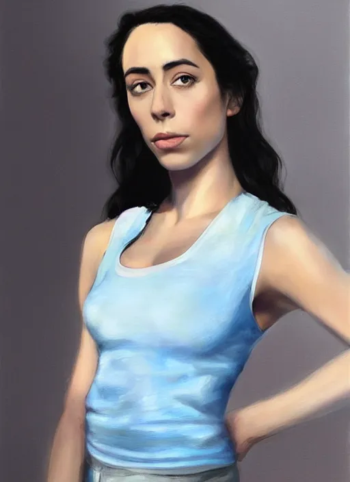 Image similar to full length photo of Oona Chaplin in a tanktop in the style of stefan kostic, light blue eyes, not realistic, sharp focus, 8k high definition, insanely detailed, intricate, elegant, art by stanley lau and artgerm