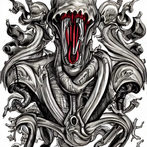 Image similar to an old coats of arms with bones, xenomorphic skulls,veins and nerves