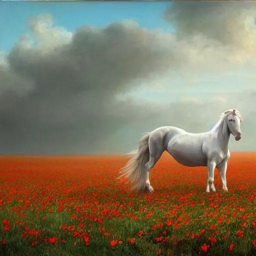 Prompt: ultra wide angle landscape portrait :: six muscular photorealistic white horses run wildly in the wind across a vast field of poppies at twilight :: styles by John Frederick Herring, Susan Crawford, Rosa Bonheur, Jacques-Louis David, and John Collier :: matte painting, ultra-realistic, laser sharp, 8K, Octane Render, Unreal 5, volumetric twilight, cinematic, God light shafts