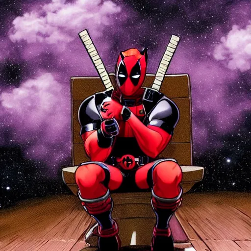 Image similar to Deadpool sitting on the toilet in galaxy, by studio ghibli