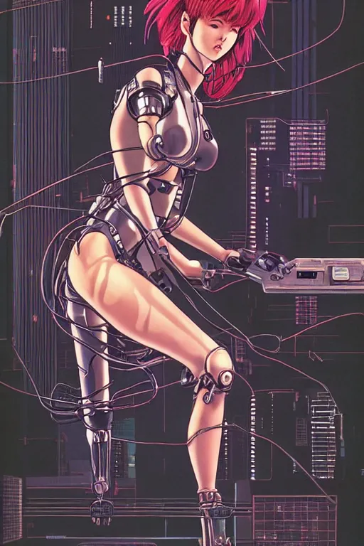 Prompt: a perfect cyberpunk illustration of a female android seated on the floor in a tech labor, seen from the side with her body open showing cables and wires coming out, by masamune shirow, hajime sorayama and katsuhiro otomo, japan, 1980s, dark, colorful