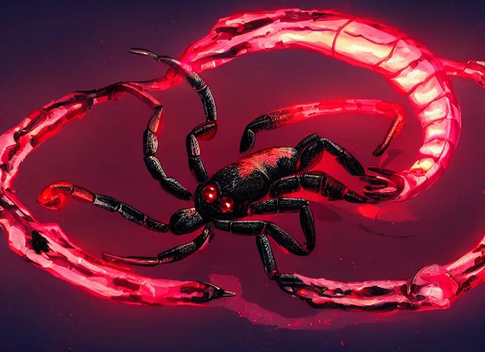 Image similar to magical scorpion with red glowing eyes, digital art, trending on artstation by Austen Menger