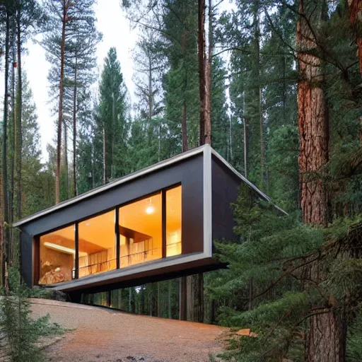 Image similar to a modern house in the woods, surrounded by pine trees. the house is the shape of a mobius strip with large picture windows.