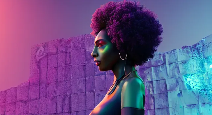 Image similar to portrait of beautiful cyberpunk black woman with afro hair, rio de janeiro pao de acucar corcovado ipanema on the background, blue and purple digital art trending on artstation, beeple, soft lighting, bokeh