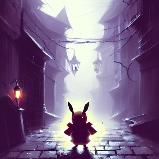 Image similar to pikachu in a back alley, art by greg rutkowski, in the style of bloodborne, intricate, elegant, highly detailed, smooth, sharp focus, artstation