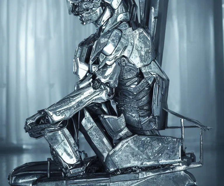 Image similar to translucent cyborg sitting on a metal throne in a futuristic castle, fantasy sci - fi, sharp lines, metallic, 2 0 0 mm focus, bokeh