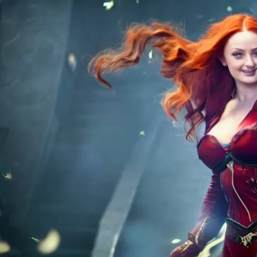 Prompt: an action shot of Sophie turner as Miss Fortune in League of Legends, 4K, cinema, imax, hyperreal