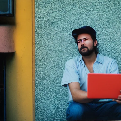 Image similar to a photo of a man sitting outside a restaurant, he is holding a computer, his friend is offering him a beer, pastel background colours and square lighting structures in the background. 2 0 0 mm, bokeh, kodak ektar 1 0 0, portrait photography,