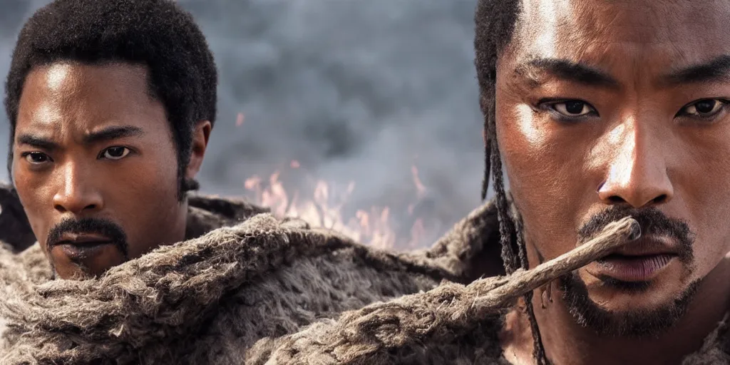 Image similar to a film still of a black man starring in a japanese blockbuster film as samurai on fire, shallow depth of field, cinematic, award winning cgi, vfx, film still