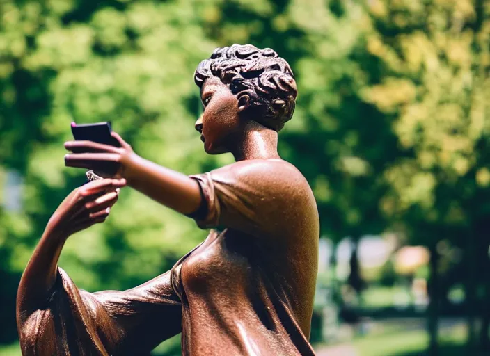 Image similar to photo still of a bronze statue of a woman using an iphone to take a selfie in a park on a bright sunny day, 8 k 8 5 mm f 1 6