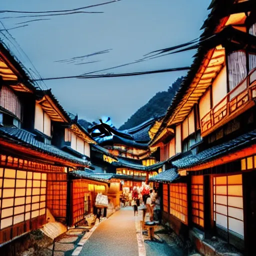 Image similar to a cozy Japanese village at night with bustling people