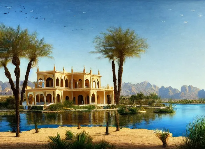 Prompt: A beautiful ultra-detailed painting of a garden villa with a lake in the middle of the arabic desert with a blue sky by Ludwig Deutsch, Trending on Artstation