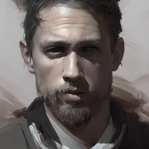 Image similar to “Portrait of Charles Matthew Hunnam by Greg Rutkowski, young, manly, attractive, strong, older brother vibes, highly detailed portrait, scifi, digital painting, artstation, concept art, smooth, sharp foccus ilustration, Artstation HQ”