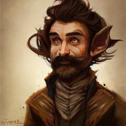 Prompt: Brown haired halfling portrait, middle aged, scruffy beard, dandy elegant fop diminutive by Anato Finnstark, Tony Sart highly detailed, digital illustration, concept art, distinguished