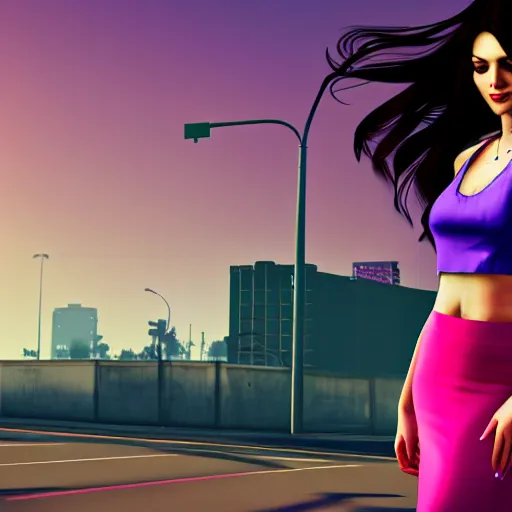 Image similar to a stunning GTA V loading screen with a beautiful woman with ombre hairstyle in purple and pink blowing in the wind, tanktop and skirt, city streets, digital art, trending on artstation