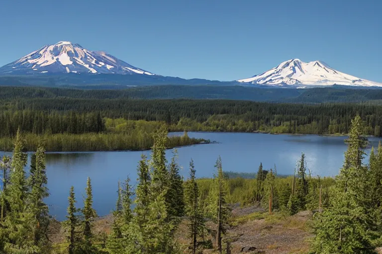 Prompt: Spirit Lake Washington with Mt. St. Helens in the background, panoramic view