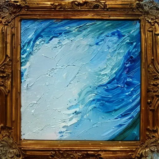 Image similar to oil paint impasto relief, beautiful powerful waves, colours teal white cream grey blue, multi layered thick brush marks, some splattered paint, in the style of ivan shishkin and frank auerbach and rene lalique