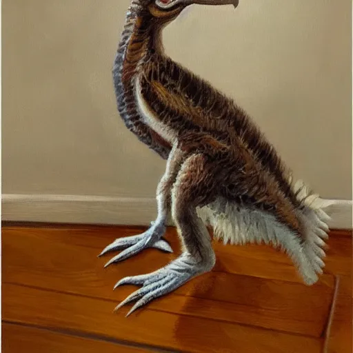 Prompt: baby feathered velociraptor sitting on wooden floor next to fireplace, oil painting-n 4