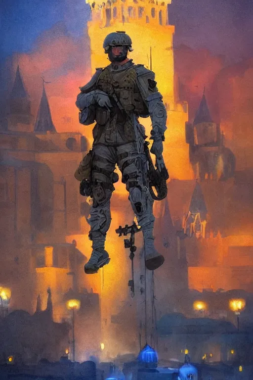 Image similar to special forces soldier raising ukrainian blue and yellow flag on red square kremlin, masculine figure, d & d, fantasy, bright atmosphere, volumetric lights, intricate, elegant, extremely detailed, digital painting, artstation, concept art, matte, smooth, sharp focus, hyper realistic, illustration, art by artgerm and greg rutkowski and alphonse mucha