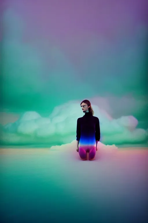 Image similar to high quality pastel coloured film close up wide angle photograph of a model wearing clothing swimming on cloud furniture in a icelandic black rock!! environment in a partially haze filled dreamstate world. three point light, rainbow. photographic production. art directed. pastel colours. volumetric clouds. pastel gradient overlay. waves glitch artefacts. extreme facial clarity. 8 k. filmic.