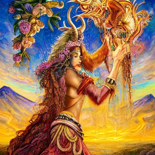 Image similar to painting by senior concept artist josephine wall horned ram goddess checking her cell phone erupting volcano and sunset in distance in background flowers in foreground zodiac fantasy acrylic on canvas intricately detailed highly detailed high resolution hdr 8 k trending on artstation