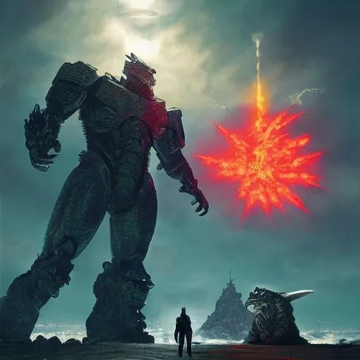 Image similar to pacific rim, godzilla ( 2 0 1 4 ), flares, halo, by simon stalenhag