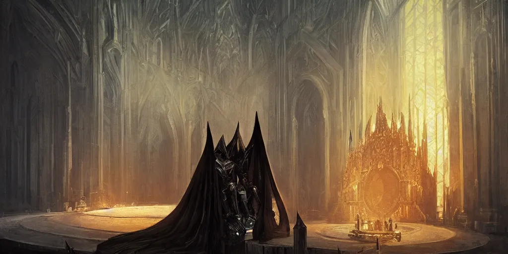 Image similar to Sauron resting in his throne, throne room, oil painting, by Greg Rutkowski