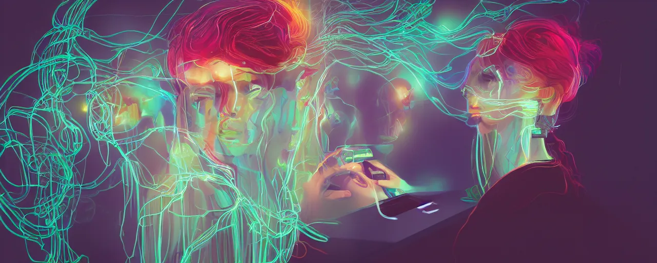 Image similar to A young woman with wires coming out of her head connecting to a computer, 4k wallpaper, digital art, deep colors, heavenly lighting, realistic reflections, light refraction, trending on arstation, by Victoria Rose, by Josan Gonzalez, by Juan Osorio