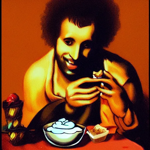 Image similar to hare krishna man with gently smiling eating ice cream, by Barry Lyndon