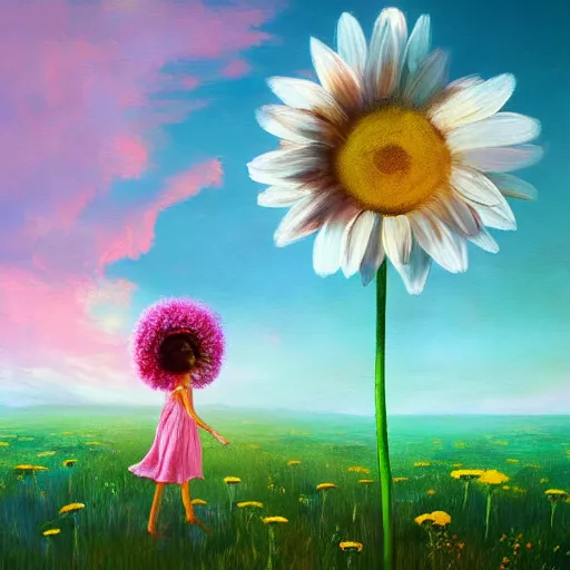 Image similar to giant daisy flower as head, girl dancing in a flower field, surreal photography, sunrise, dramatic light, impressionist painting, colorful clouds, digital painting, artstation, simon stalenhag