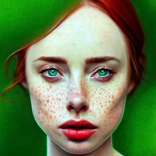 Image similar to realistic character concept, gorgeous Kacey Rohl, red hair, small freckles, symmetrical face, symmetrical eyes, green dress, forest, trees, shorter neck, cinematic lighting, artgerm, Joshua Middleton, Adreas Rocha, beautiful