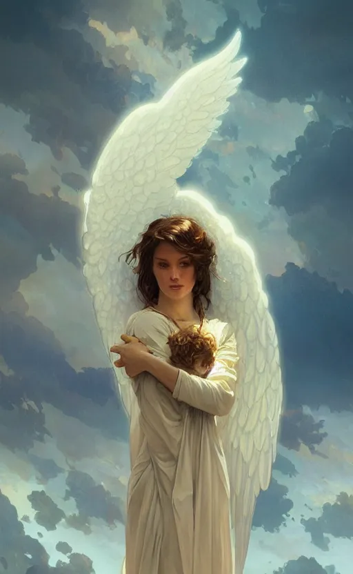 Image similar to a portrait of an angel woman, concept art, deep focus, sky, heaven, clouds, intricate, highly detailed, digital painting, artstation, matte, sharp focus, illustration, art by greg rutkowski and alphonse mucha