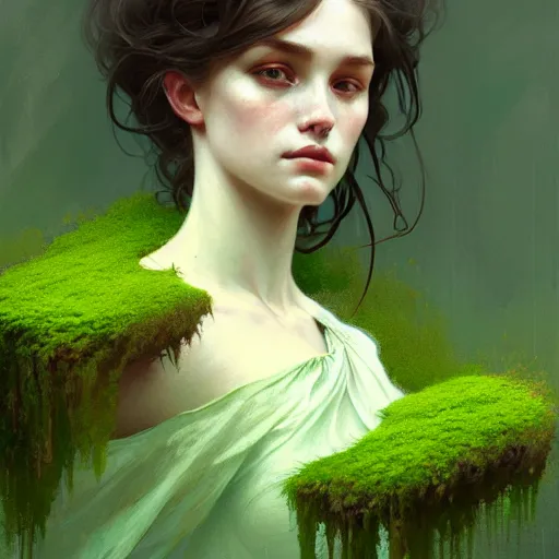 Image similar to A portrait of a girl covered in moss, face, intricate, elegant, highly detailed, digital painting, artstation, concept art, smooth, sharp focus, illustration, art by Krenz Cushart and Artem Demura and alphonse mucha