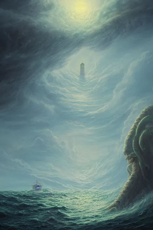 Image similar to epic scene of monstrous cthulhu rising from the stormy ocean near a dramatic coastline with lighthouse by peter mohrbacher, h p lovecraft, cthulhu, masterpiece, artstation, digital painting