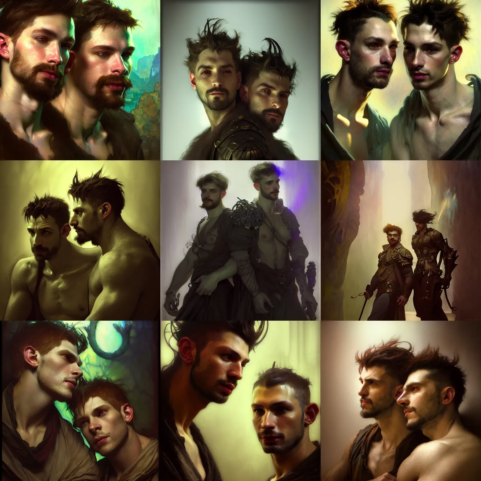 Prompt: hyperrealist portrait male couple from dragons and dungeons by jeremy mann and alphonse mucha, fantasy, photorealistic, octane render, unreal engine, dynamic lighting, bet face, handsome man, beautiful, wlop, cute, perfect factions, perfect man, trending on artstation, poster, volumetric lighting, very detailed faces, 4 k, award winning
