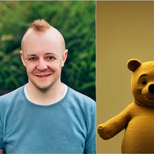 Prompt: photo of a british man who looks like winnie - the - pooh ( pooh bear ), award winning professional studio photography