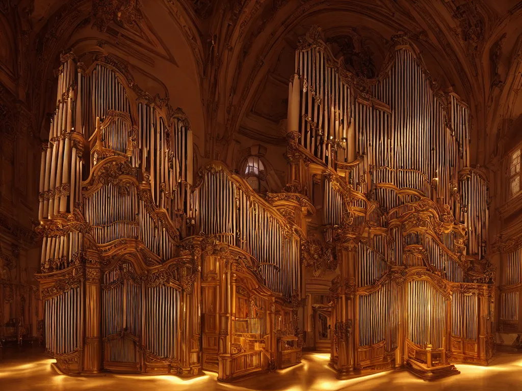 Image similar to hyper realistic photo of a luxury pipe organ volumetric lights