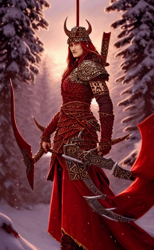 Image similar to crimson viking warrior, regal, elegant, winter, snow, beautiful, stunning, hd, illustration, epic, d & d, fantasy, intricate, elegant, highly detailed, wide angle, digital painting, artstation, concept art, smooth, sharp focus, illustration, wallpaper, art by artgerm and greg rutkowski and alphonse mucha and jin xiaodi