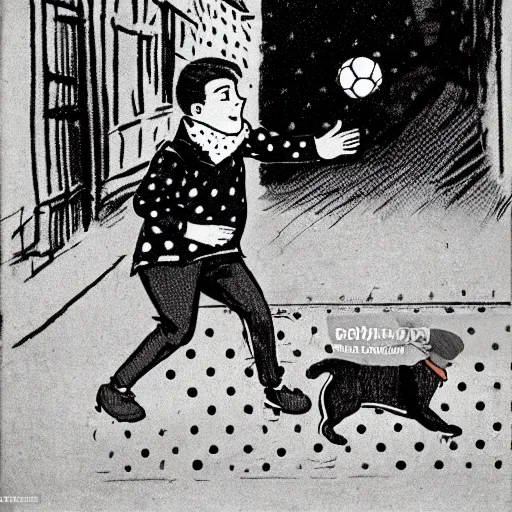 Image similar to book illustration of a french boy on the streets of paris playing football against a corgi, the dog is wearing a polka dot scarf, 1 9 6 6