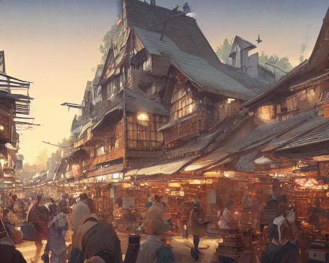 Image similar to bustling marketplace in a great kitsune city, a fantasy digital painting by Greg Rutkowski and James Gurney, trending on Artstation, golden hour, highly detailed