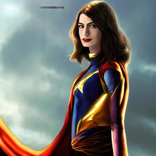 Prompt: Anne Hathaway as Ms. Marvel, dramatic lighting, cinematic, establishing shot, extremely high detail, photo realistic, cinematic lighting, digital art,