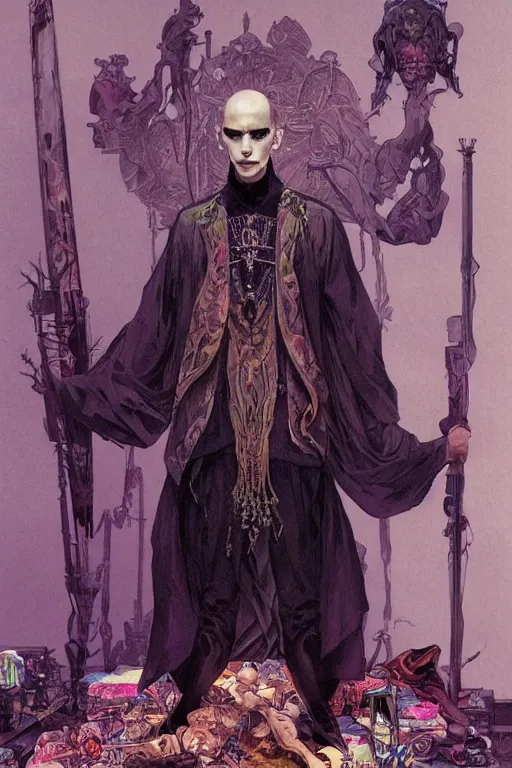 Prompt: a skinny goth guy standing in a cluttered 9 0 s bedroom, full body character concept art, vaporwave colors, intricate, elegant, highly detailed, digital painting, artstation, concept art, smooth, sharp focus, illustration, art by artgerm and greg rutkowski, and alphonse mucha