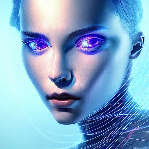 Image similar to artificial intelligence, server in the middle, deep view, heavy blue led lights, wires connected, award winning creature portrait photography, extremely detailed, artstation, 8 k, sensual lighting, incredible art, wlop, artgerm