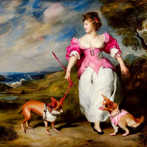 Prompt: heavenly summer sharp land sphere scallop well dressed lady walking her little pink chihuahua by the leash, auslese, by peter paul rubens and eugene delacroix and karol bak, hyperrealism, digital illustration, fauvist, walking her little pink chihuahua by the leash